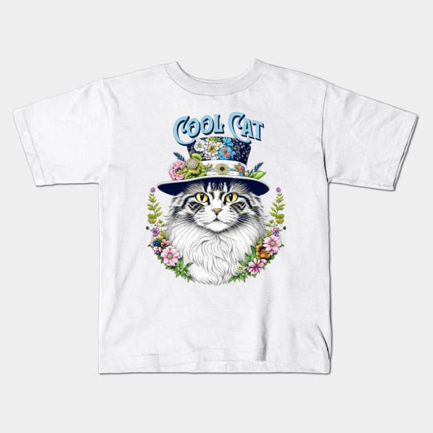 Cool Cat in a Floral Hat Kids T-Shirt by VioletGrant